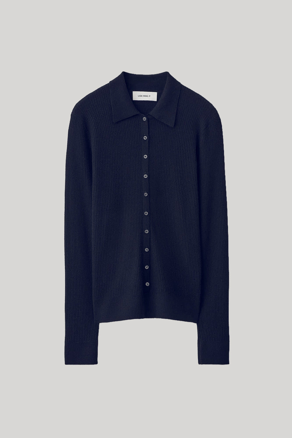 A dark navy blue ribbed knit button-up cardigan 
