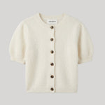 Cream button down short sleeve sweater with brown buttons