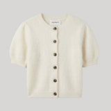 Cream button down short sleeve sweater with brown buttons