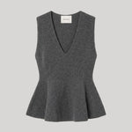 A dark gray ribbed knit sleeveless top with a deep V-neckline