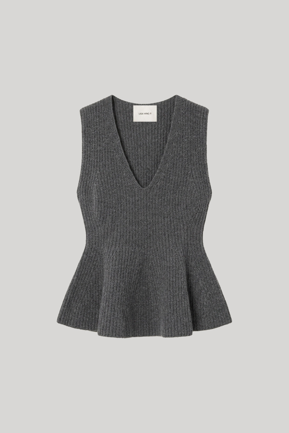A dark gray ribbed knit sleeveless top with a deep V-neckline