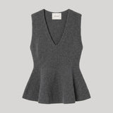 A dark gray ribbed knit sleeveless top with a deep V-neckline