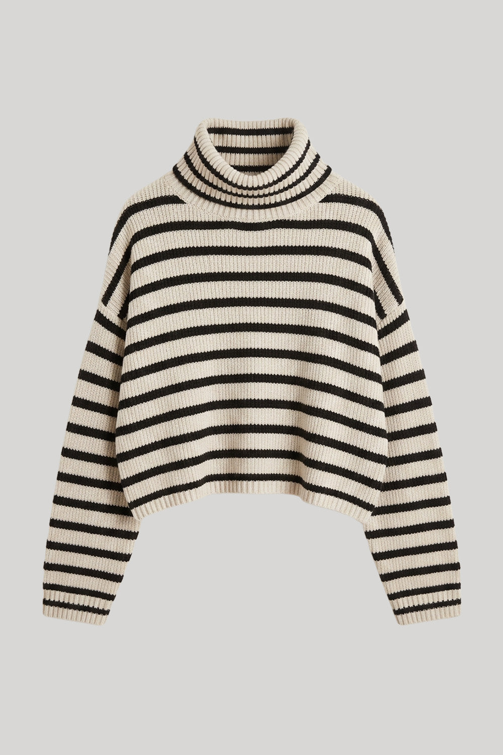 A cropped knit turtleneck sweater with stripes