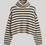 A cropped knit turtleneck sweater with stripes