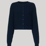 A dark navy blue cropped cardigan