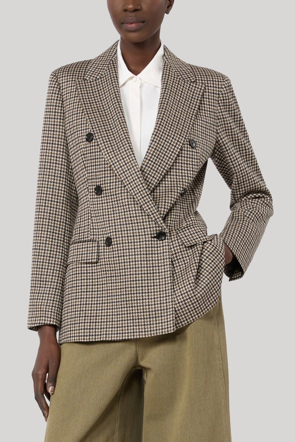 Pink and black houndstooth double breasted blazer