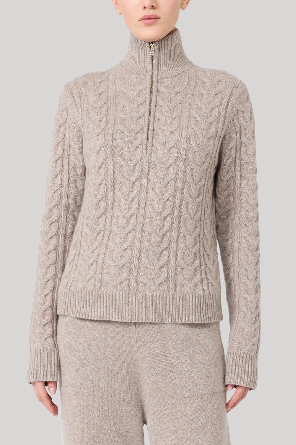 Tan 3/4 zip cable cashmere sweater 