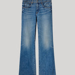 A pair of medium-wash blue denim