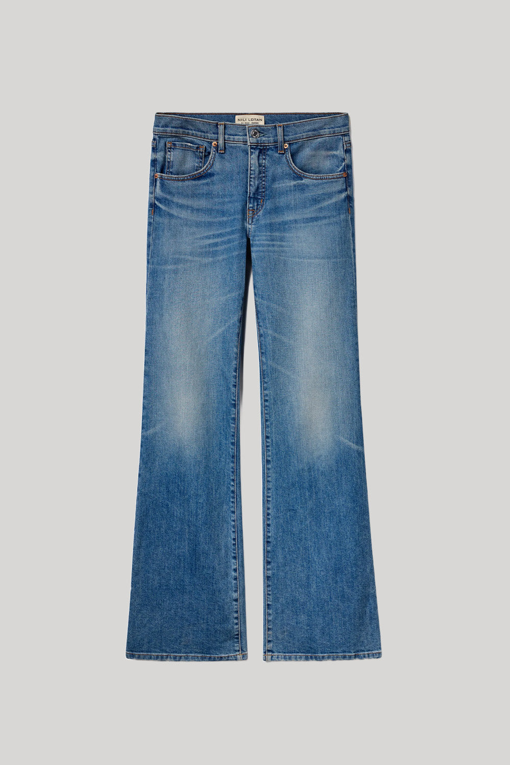 A pair of medium-wash blue denim