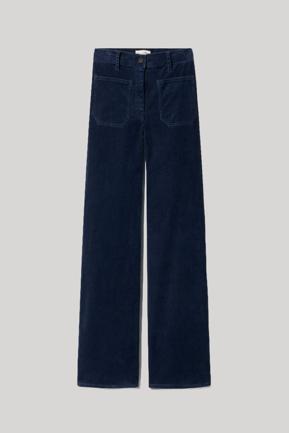 A pair of dark navy blue wide-leg corduroy trousers