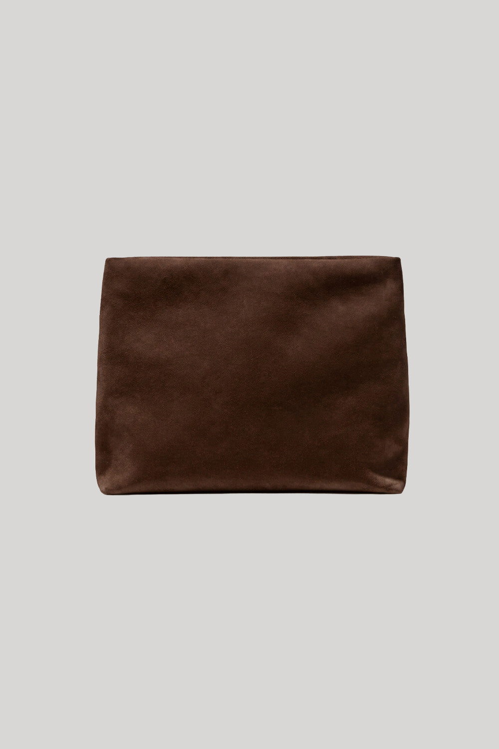 A dark brown suede envelope clutch from Nili Lotan pouch centered on a light gray background.