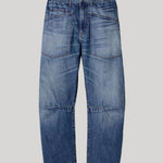 Mid wash blue jeans in barrel cut