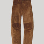 A pair of brown suede pants