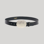 A black leather belt with a large metal buckle