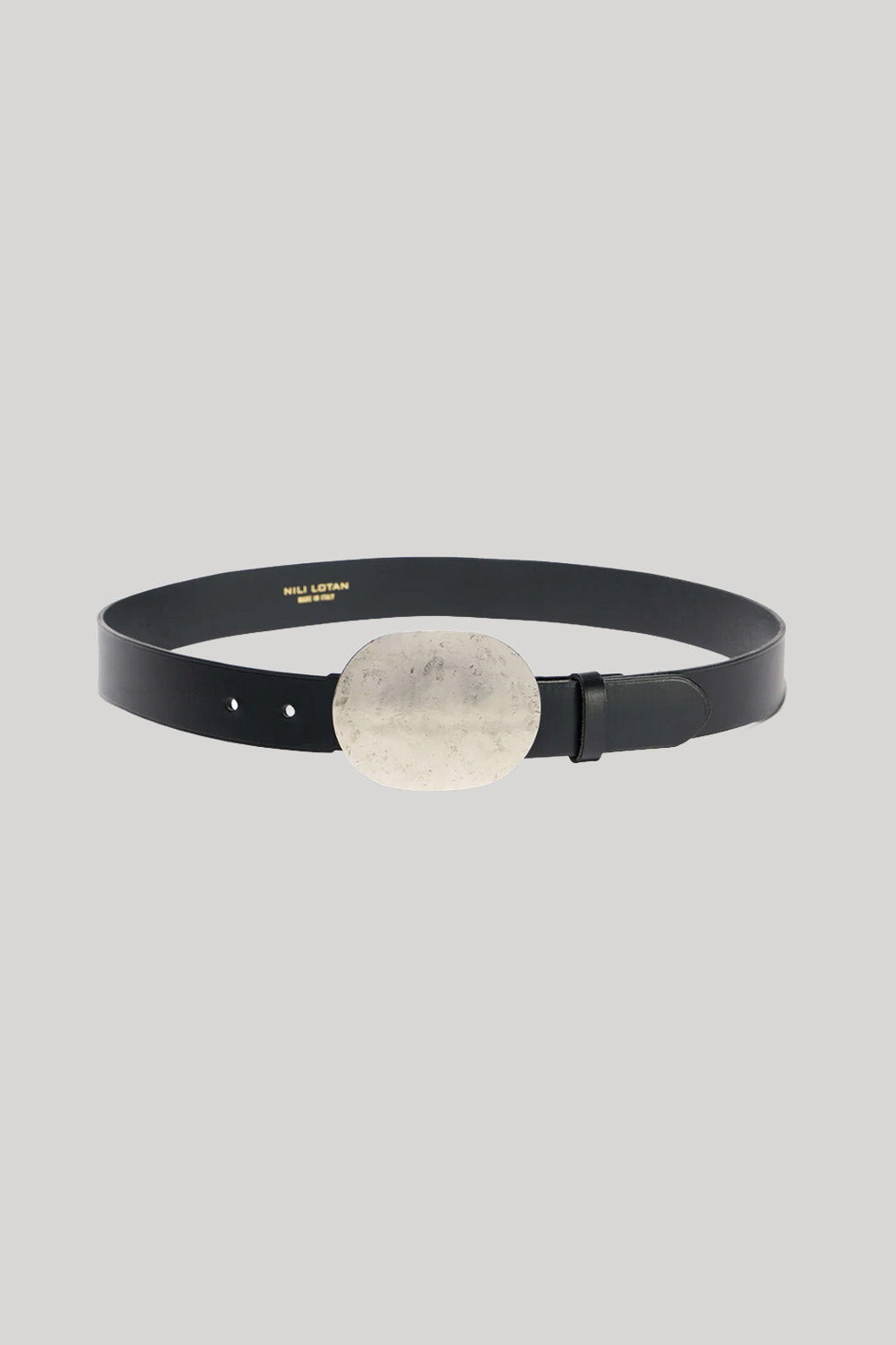 A black leather belt with a large metal buckle