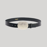 A black leather belt with a large metal buckle