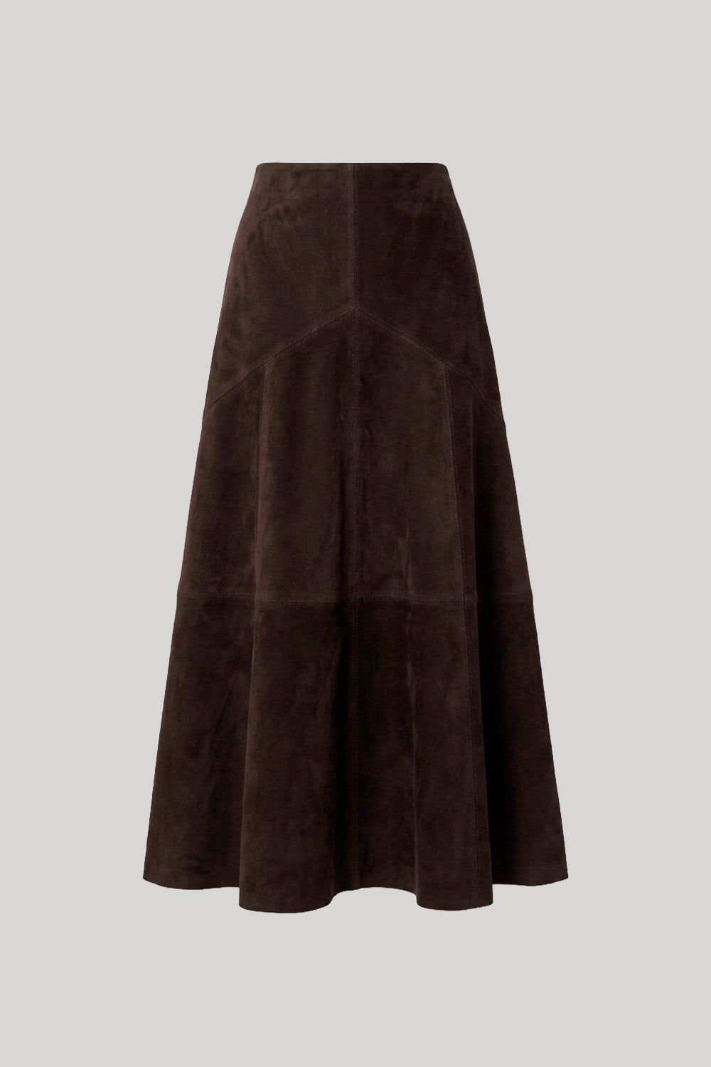 A dark brown maxi skirt in suede leather photgraphed on a grey background. The skirt is from Nour Hammour