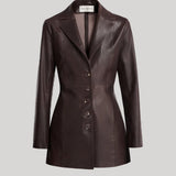 Nour Hammour | Monica Fitted Leather Blazer in Brown Stretch