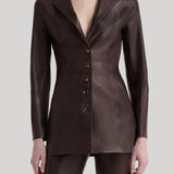 Nour Hammour | Monica Fitted Leather Blazer in Brown Stretch