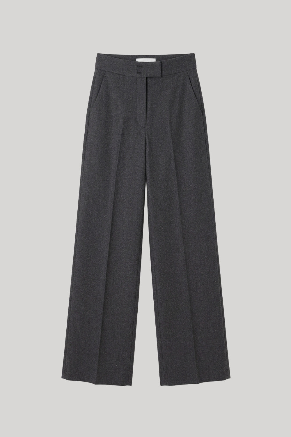 A pair of dark gray wide-leg trousers