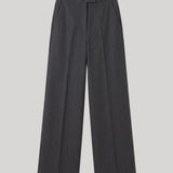 A pair of dark gray wide-leg trousers