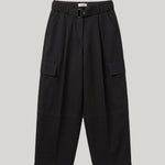 Black wide-leg cropped trousers from Parosh w with a matching belt, pleated front, and flap cargo pockets, shown flat on a light gray background.