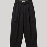 Black wide-leg cropped trousers from Parosh w with a matching belt, pleated front, and flap cargo pockets, shown flat on a light gray background.
