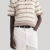 Róhe | Towelling Striped Polo in Cream & Brown Stripe