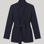 A dark navy blue belted jacket