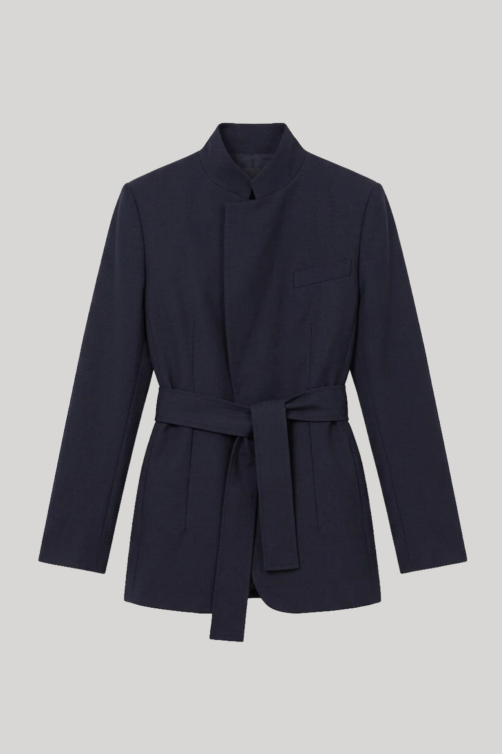 A dark navy blue belted jacket