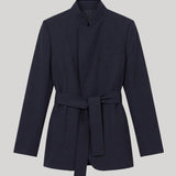 A dark navy blue belted jacket