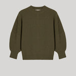 An olive green ribbed knit sweater 