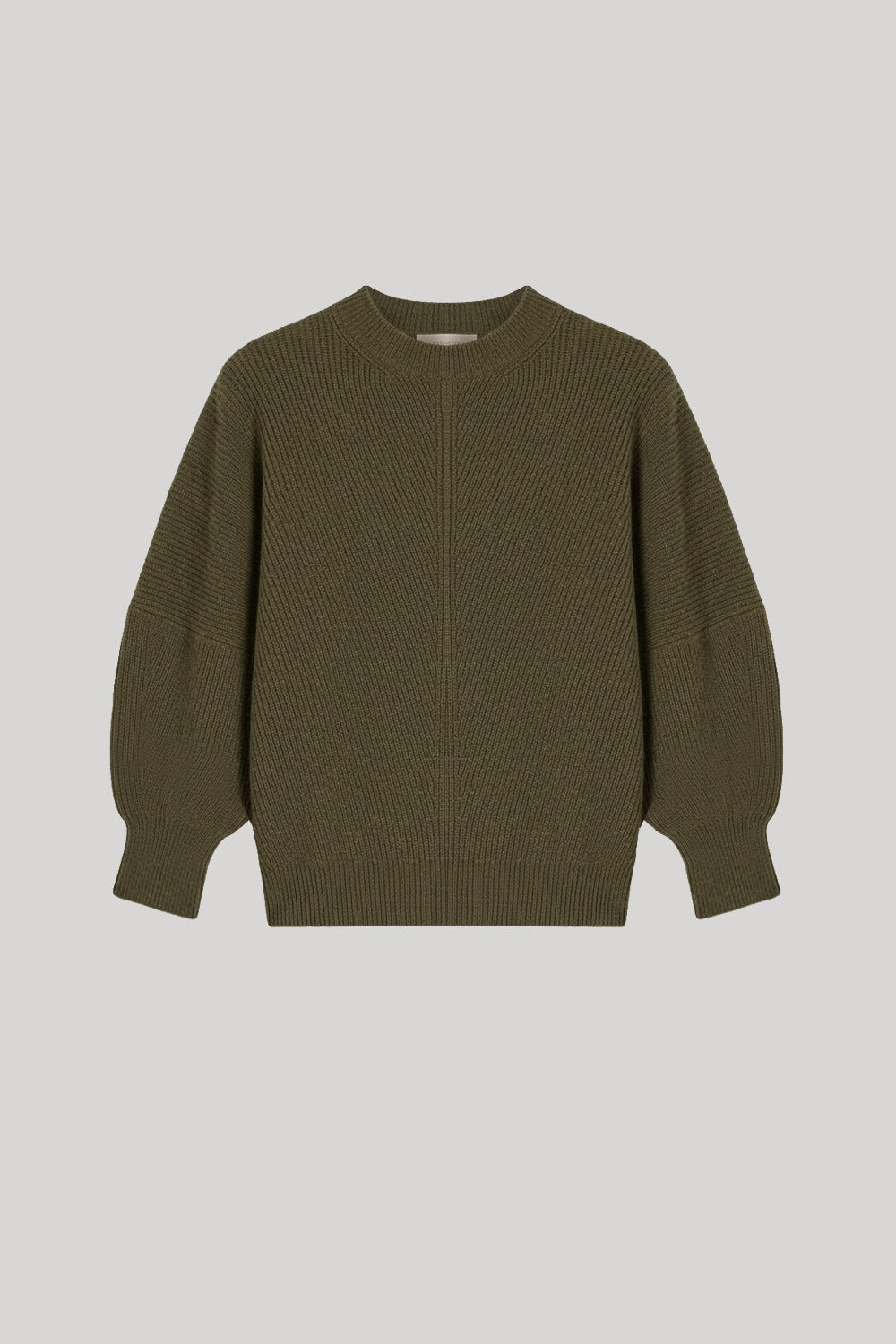An olive green ribbed knit sweater 