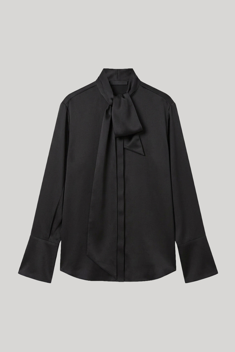 A black long-sleeve blouse with a high collar and a bow detail