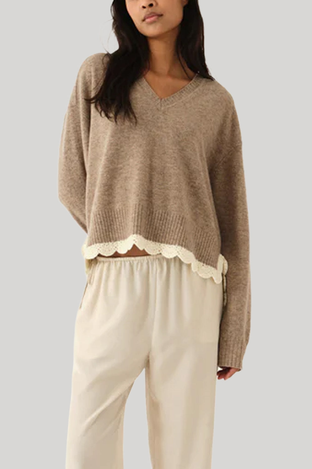  Beige sweater with white lace trim