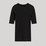 A plain black short-sleeve t-shirt with a crew neck, displayed flat against a solid light gray background.