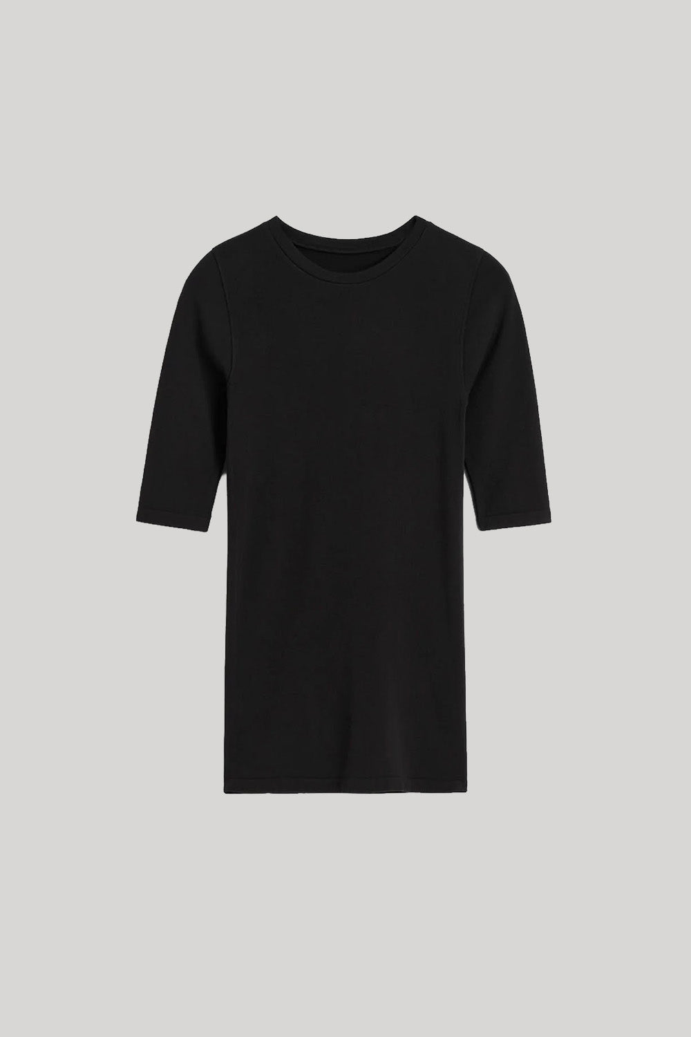 A plain black short-sleeve t-shirt with a crew neck, displayed flat against a solid light gray background.