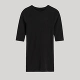 A plain black short-sleeve t-shirt with a crew neck, displayed flat against a solid light gray background.