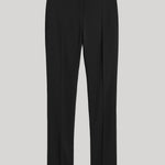 Black tailored trousers with a straight, slim fit and subtle front pleats, shown flat against a light gray background.