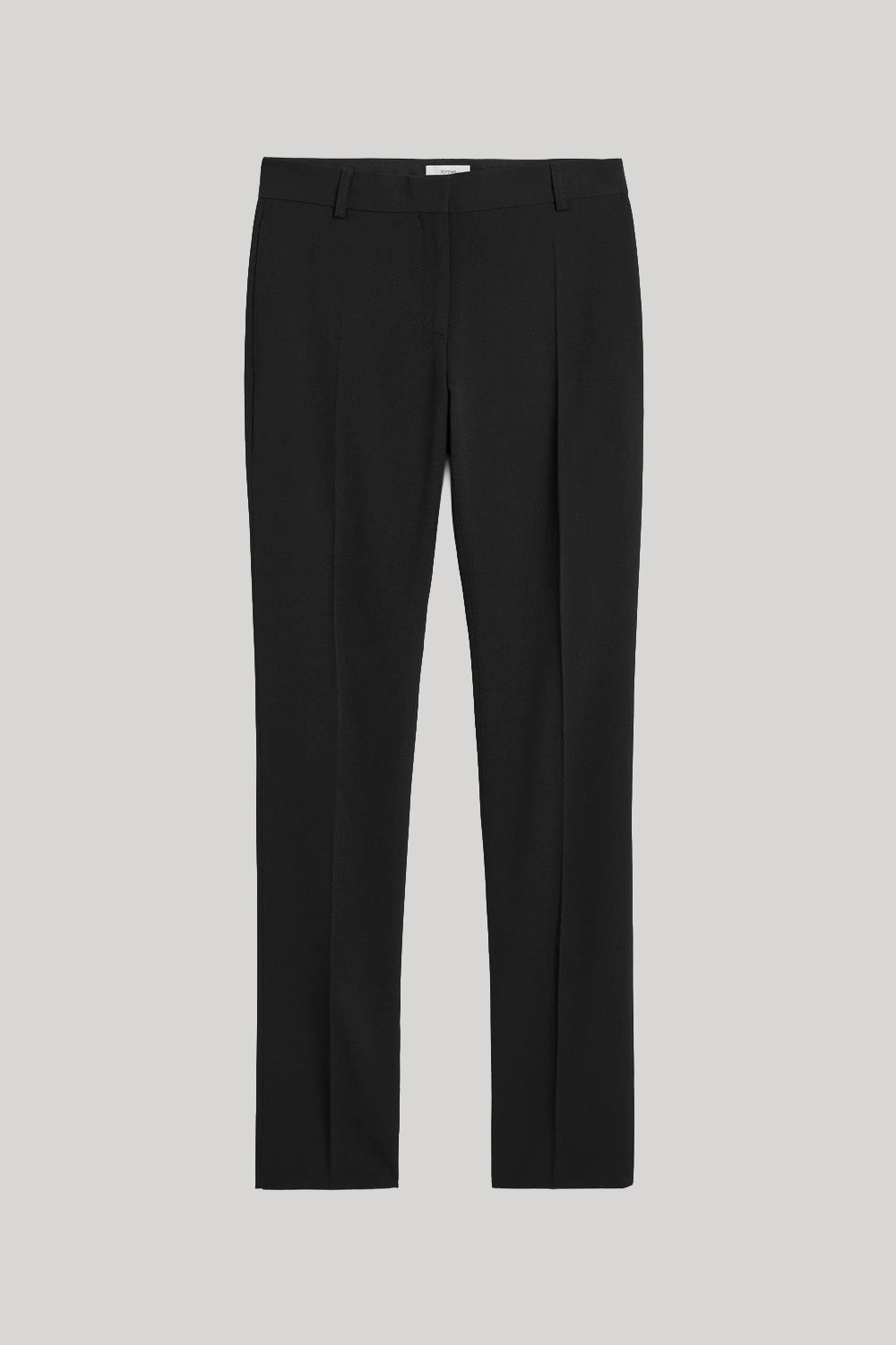 Black tailored trousers with a straight, slim fit and subtle front pleats, shown flat against a light gray background.