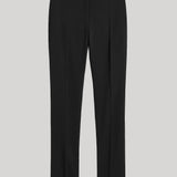 Black tailored trousers with a straight, slim fit and subtle front pleats, shown flat against a light gray background.
