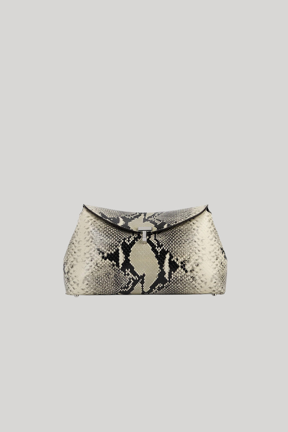 A snakeskin-patterned clutch bag in beige, black, and gray snakeskin print leather, shown against a solid light gray background.