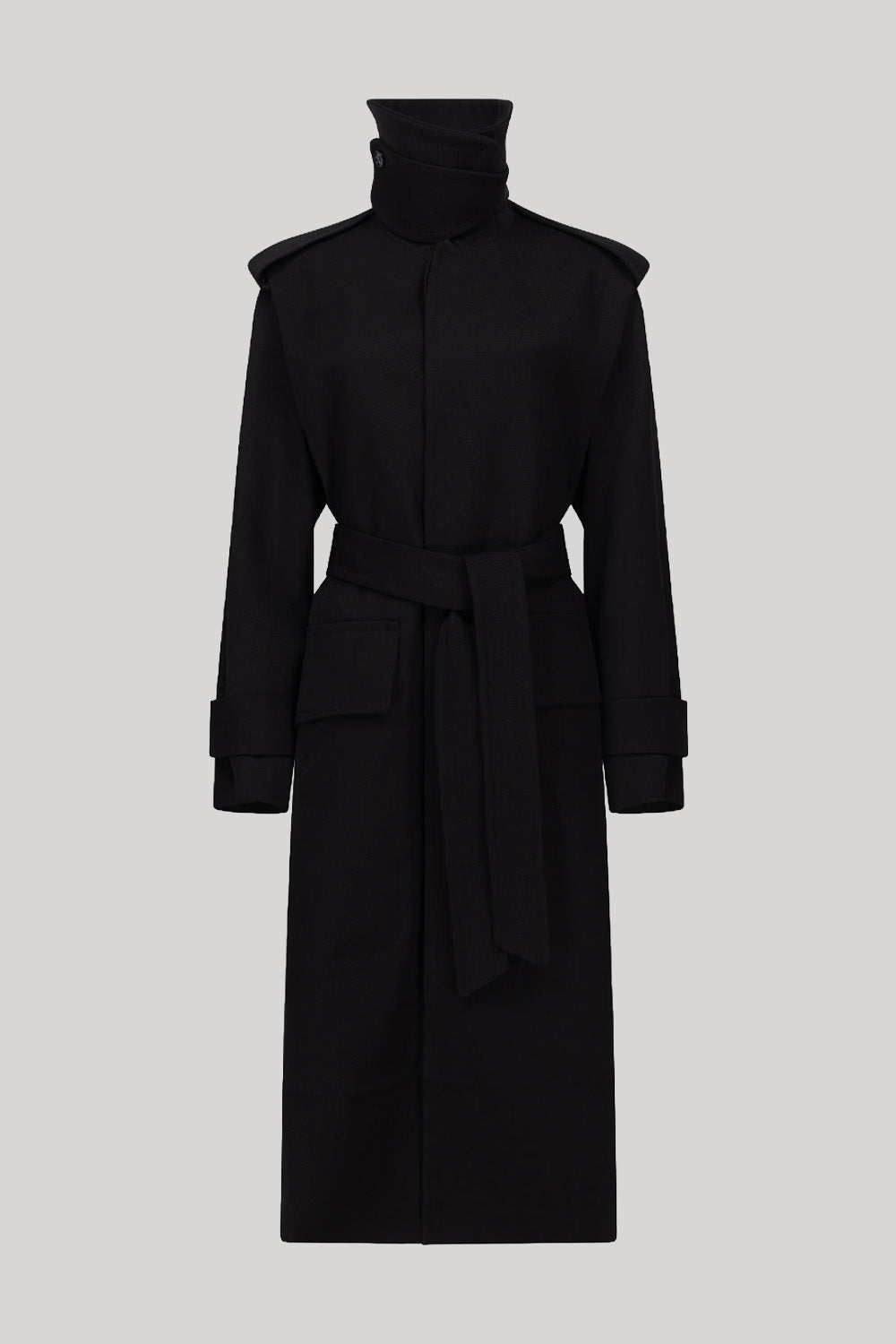 Black funnel neck trench coat