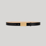 Black leather belt with thick gold buckle