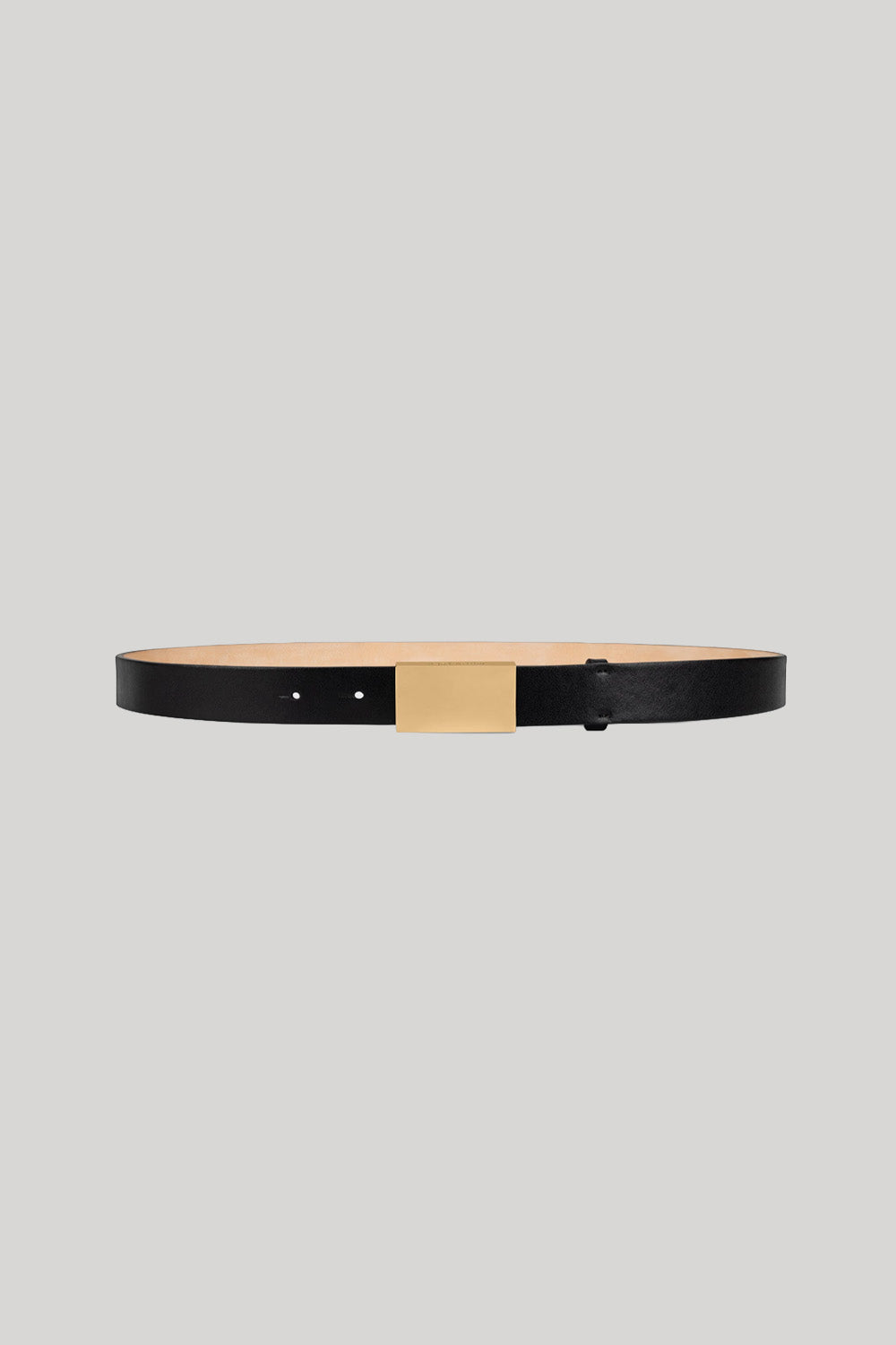 Black leather belt with thick gold buckle