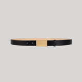 Black leather belt with thick gold buckle