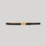 Black leather belt with thin gold buckle