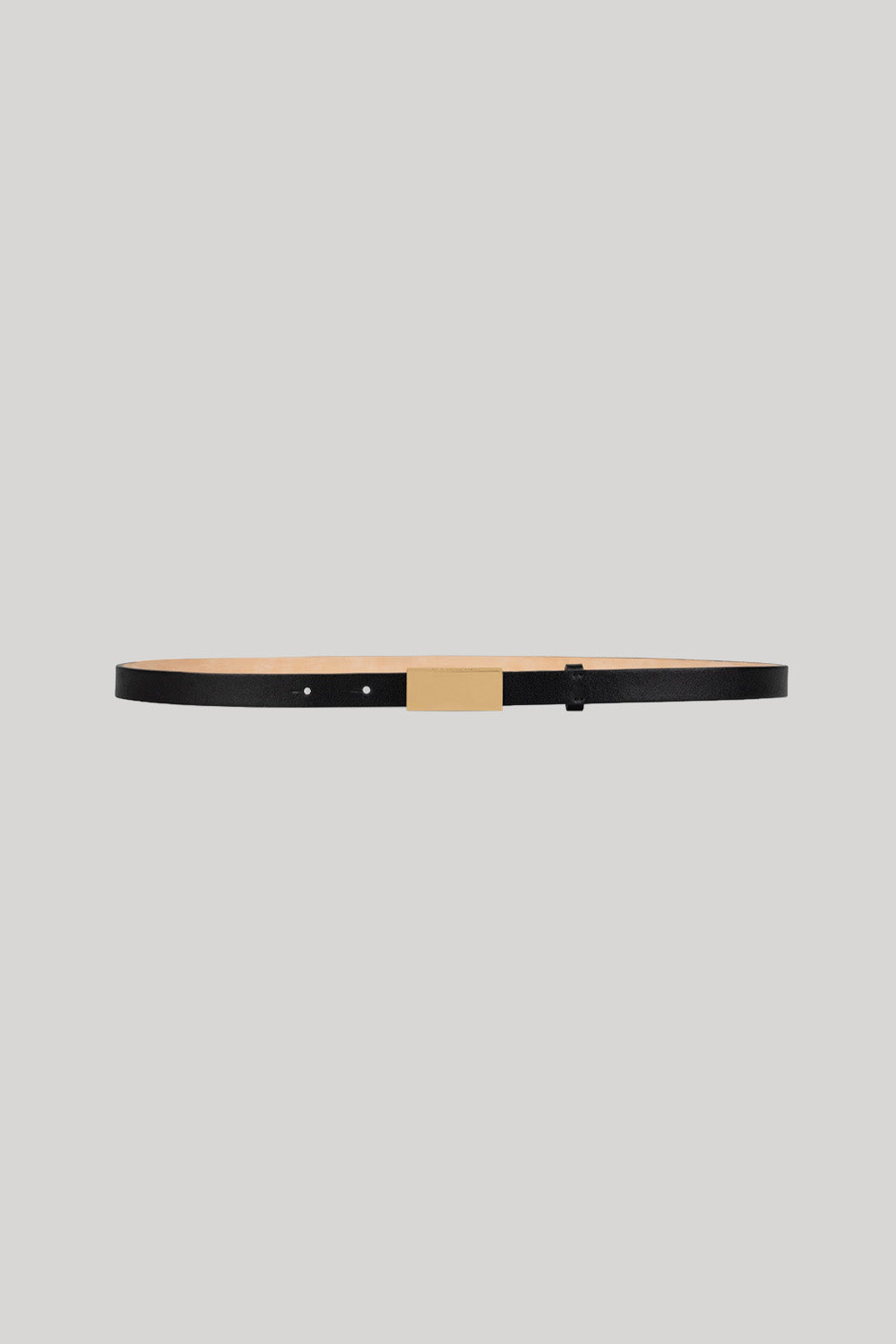 Black leather belt with thin gold buckle
