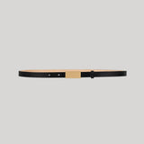 Black leather belt with thin gold buckle