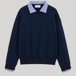 Navy blue sweater with striped collar detail